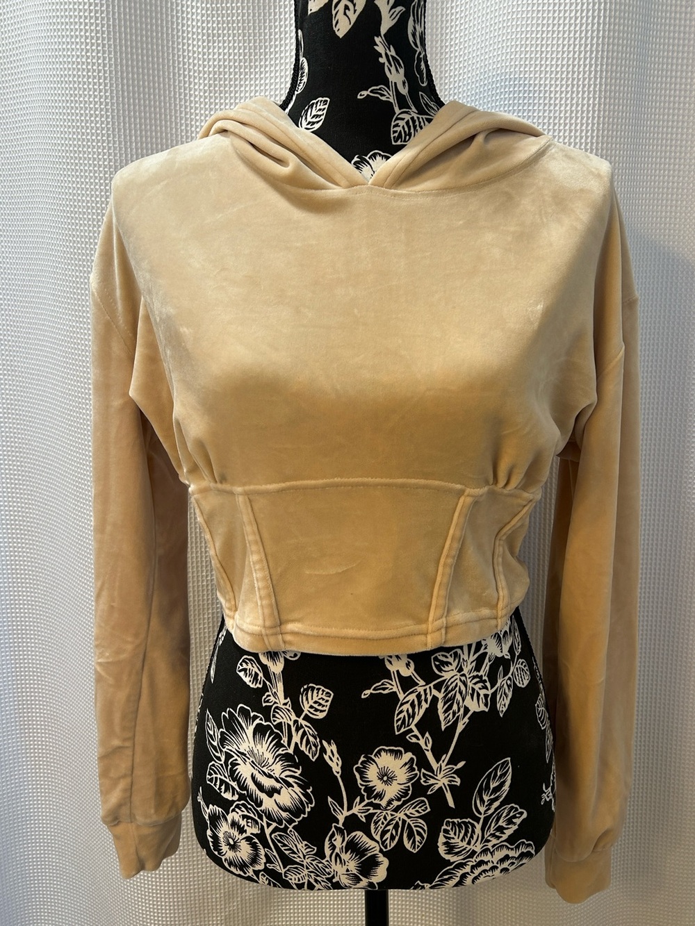 HYFYE Cropped Corset Waist Cropped Velvet Hoodie Beige Women S